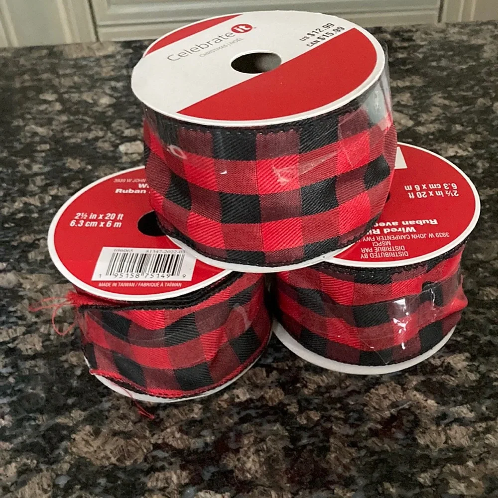 CELEBRATE IT WIRED RIBBON BUFFALO PLAID LOT OF 3 NWT